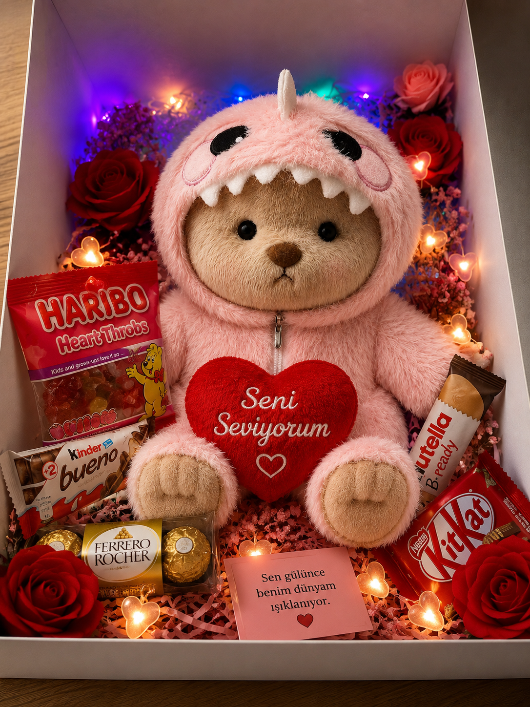 Pembe Dinozor Kostümlü Teddy Işıklı Hediye Kutusu | Çikolata, Haribo ve Romantik Sürpriz Hediye Paketi