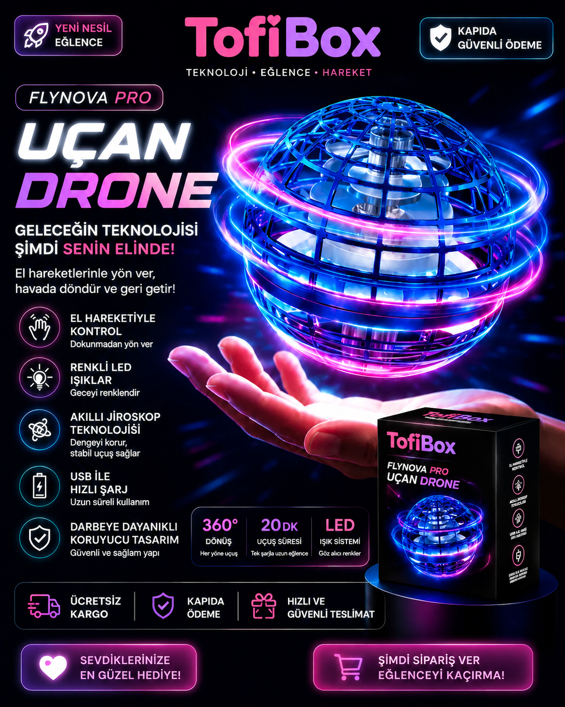 FlyNova Pro El Kontrollü Uçan Drone LED Işıklı Akıllı Spinner / Tofibox